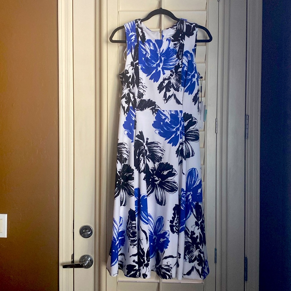 Calvin Klein White Dress with Royal Blue and Black Floral Print